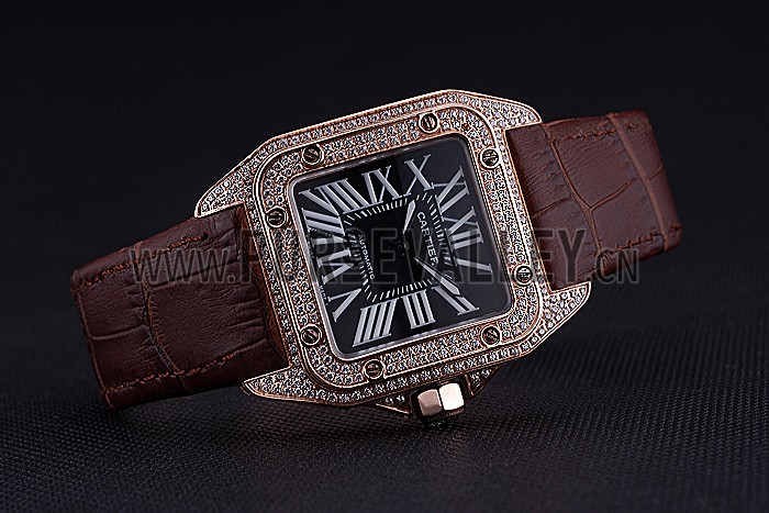 Swiss Cartier Santos Black Dial Diamonds Case Brown Leather Bracelet 622550