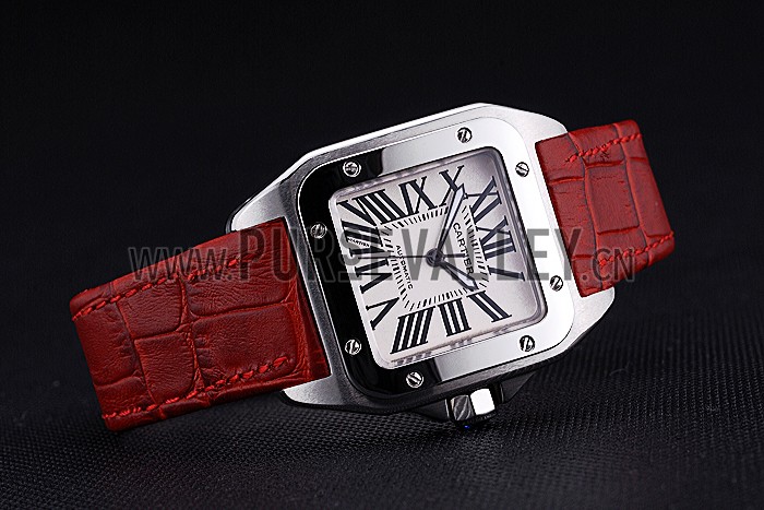 Swiss Cartier Santos White Dial Stainless Steel Case Red Leather Bracelet 622551