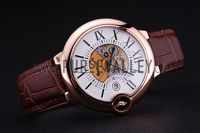Swiss Cartier Ballon Bleu de Cartier White Dial Gold Case Brown Leather Bracelet 622552