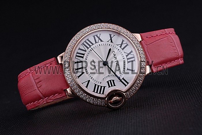 Swiss Cartier Ballon Bleu de Cartier White Dial Diamonds Case Pink Leather Bracelet 622553