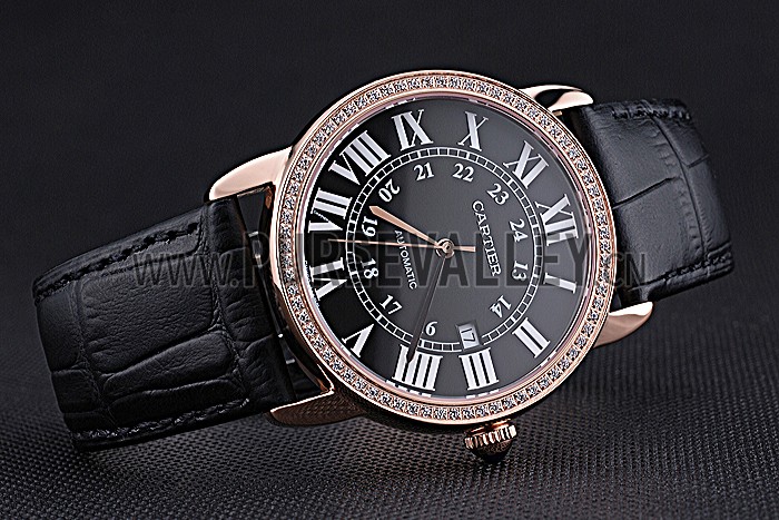 Swiss Cartier Ronde Solo Gold Diamond Case Black Dial Roman Numerals 622207