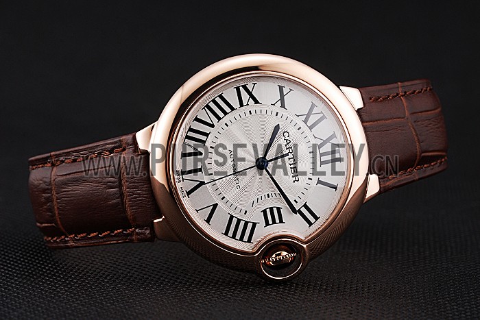 Swiss Ballon Blue De Cartier Gold Case White Dial Roman Numerals Brown Leather Bracelet 622651