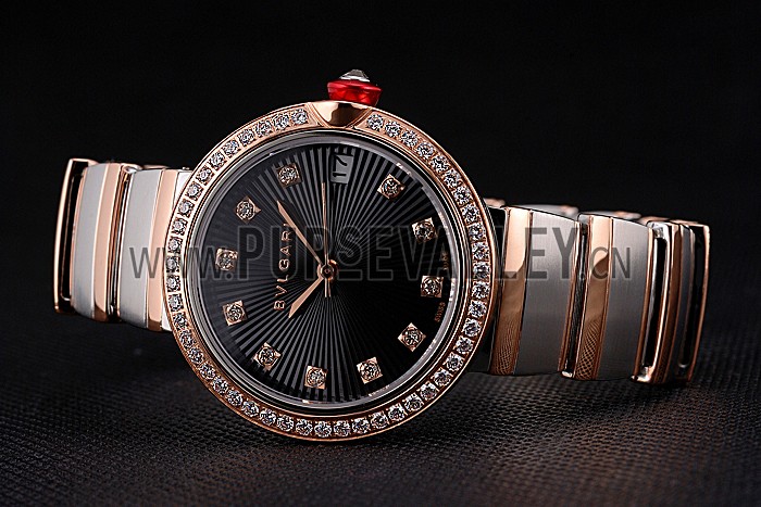 Bvlgari Lvcea Black Dial Diamond Hour Markings Rose Gold Case With Diamonds Two Tone Bracelet