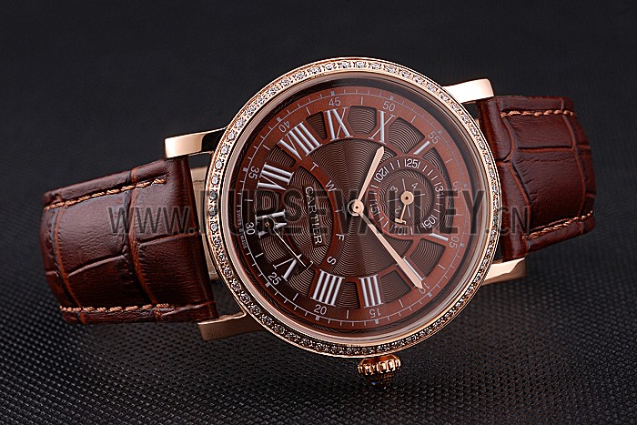 Cartier Rotonde Brown Dial Gold Case With Jewels Brown Leather Strap 622759