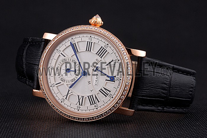 Cartier Rotonde White Dial Gold Case With Jewels Black Leather Strap 622760
