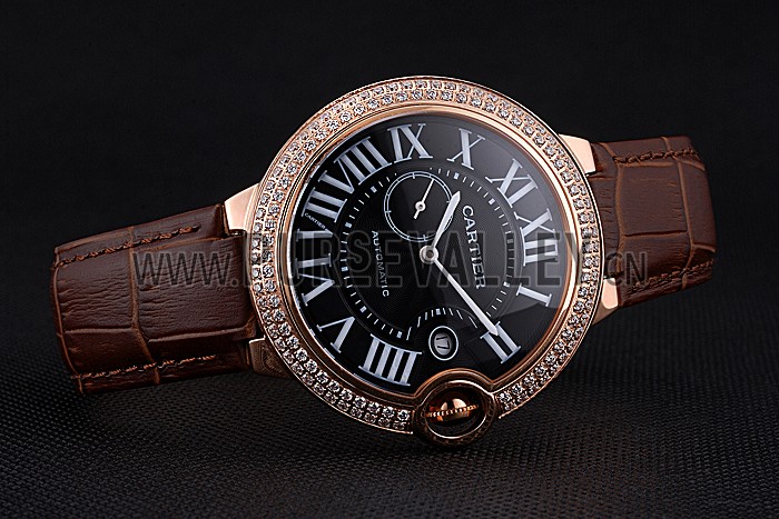 Swiss Cartier Ballon Bleu Diamond Case Black Dial Brown Leather Bracelet 622679
