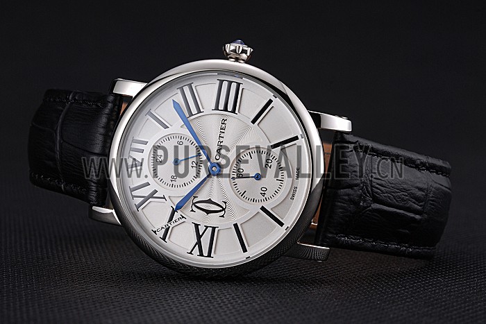 Cartier Ronde Second Time Zone White Dial Stainless Steel Case Black Leather Strap 622798