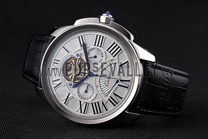 Cartier Calibre Tourbillon White Dial Stainless Steel Case Black Leather Strap 622751
