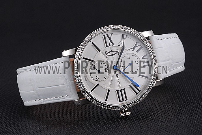 Cartier Ronde Second Time Zone White Dial Stainless Steel Case With Diamonds White Leather Strap 622803
