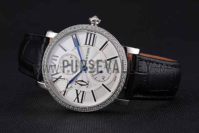 Cartier Ronde Second Time Zone White Dial Stainless Steel Case With Diamonds Black Leather Strap 622804