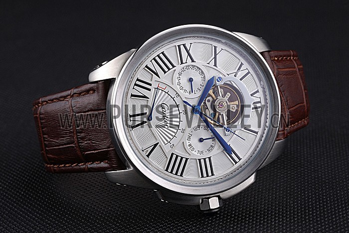 Cartier Calibre Tourbillon White Dial Stainless Steel Case Brown Leather Strap 622750