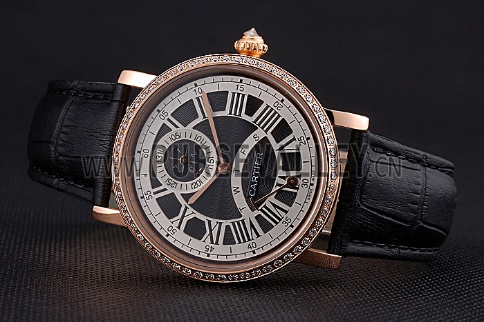 Cartier Rotonde Black And White Dial Gold Case With Jewels Black Leather Strap 622758