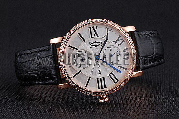 Cartier Ronde Second Time Zone White Dial Gold Case With Diamonds Black Leather Strap 622809