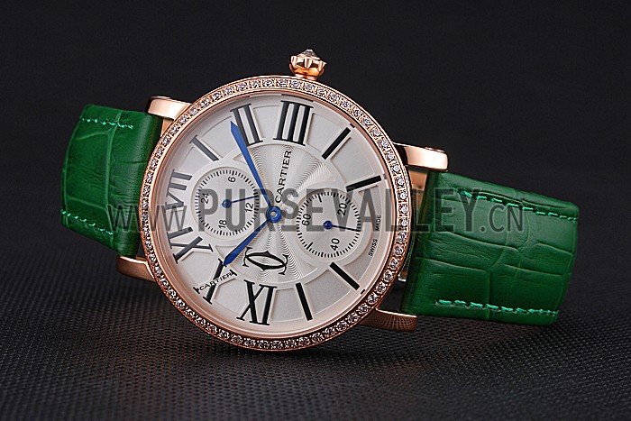 Cartier Ronde Second Time Zone White Dial Gold Case With Diamonds Green Leather Strap 622812