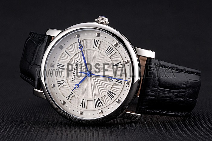 Cartier Rotonde Date White Dial Stainless Steel Case Black Leather Strap