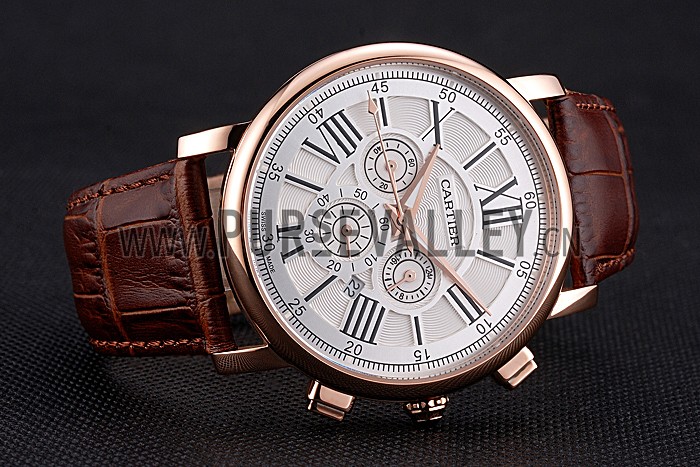 Cartier Rotonde Chronograph White Dial Rose Gold Case Brown Leather Strap