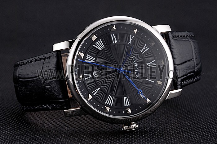 Cartier Rotonde Date Black Dial Stainless Steel Case Black Leather Strap