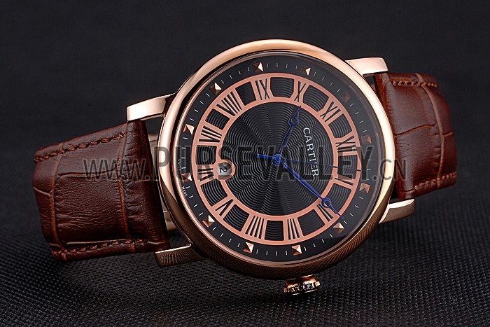 Cartier Rotonde Date Black Dial Rose Gold Case Brown Leather Strap
