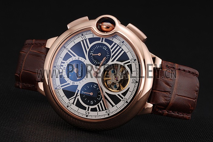 Cartier Ballon Bleu Flying Tourbillon Chronograph White Dial Rose Gold Case Brown Leather Strap