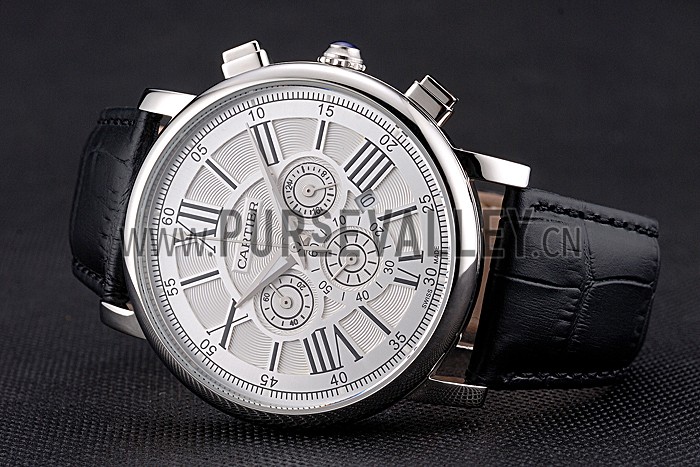 Cartier Rotonde Chronograph White Dial Stainless Steel Case Black Leather Strap