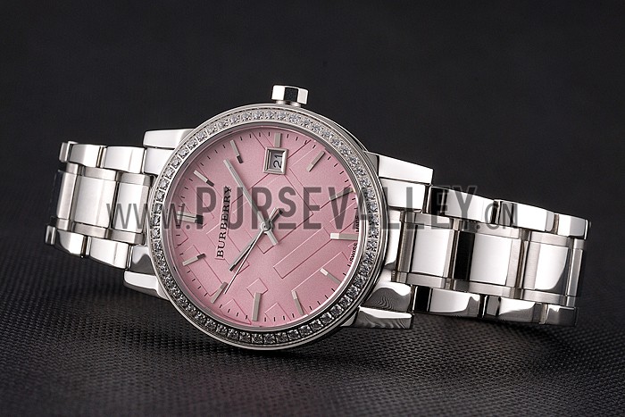 Burberry The City Pink Dial Diamond Bezel Stainless Steel Case And Bracelet