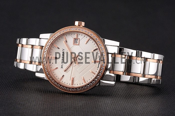 Burberry The City White Dial Rose Gold Diamond Bezel Stainless Steel Case Two Tone Bracelet
