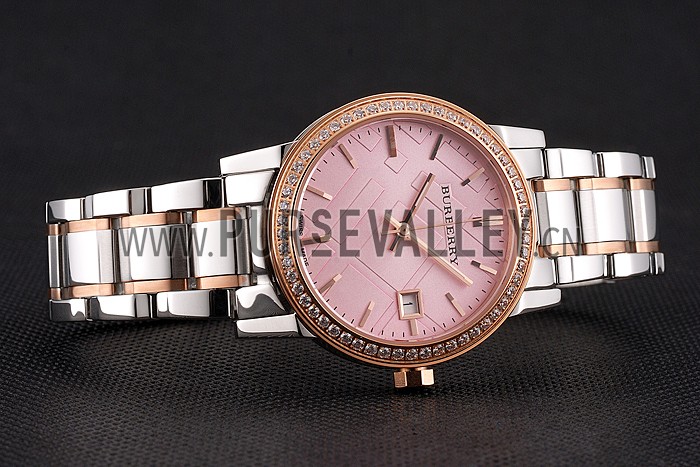 Burberry The City Pink Dial Rose Gold Diamond Bezel Stainless Steel Case Two Tone Bracelet