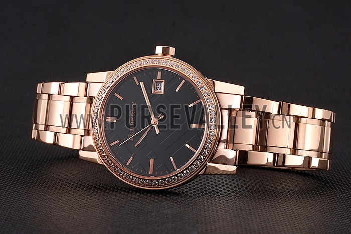 Burberry The City Black Dial Diamond Bezel Rose Gold Case And Bracelet