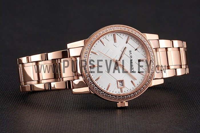 Burberry The City White Dial Diamond Bezel Rose Gold Case And Bracelet