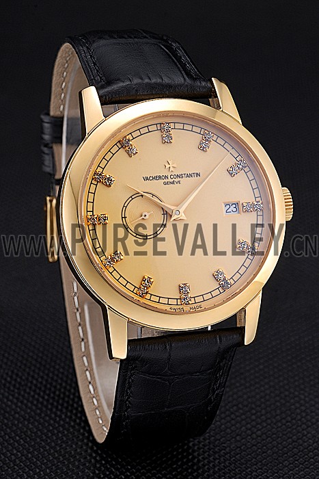 Swiss Vacheron Constantin Patrimony Contemporaine Gold Case Gold Diamond Dial Black Leather Bracelet 622682