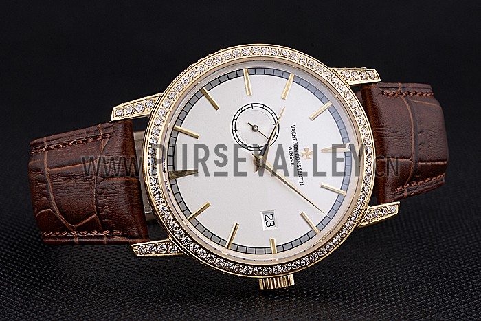 Swiss Vacheron Constantin Patrimony Contemporaine Gold Diamond Case White Dial Brown Leather Bracelet 622686