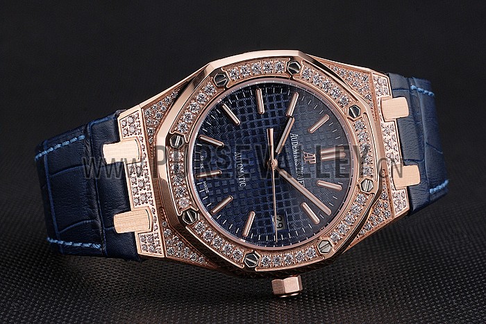 Swiss Audemars Piguet Royal Oak Blue Dial Gold Case With Diamonds Blue Leather Strap