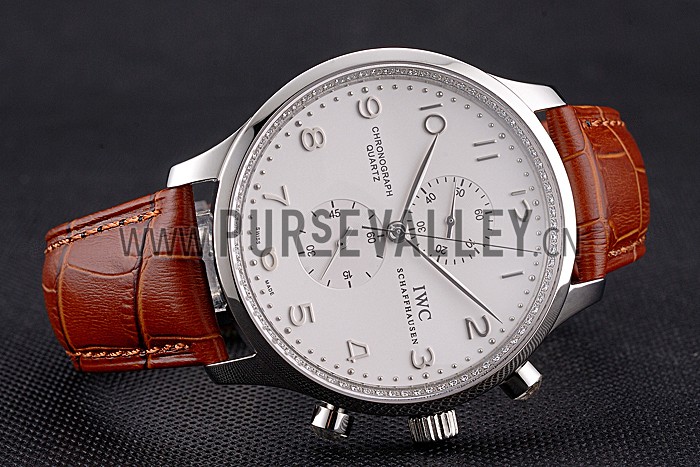 IWC Portugieser Chronograph White Dial Steel Hands And Numerals Stainless Steel Case Brown Leather Strap