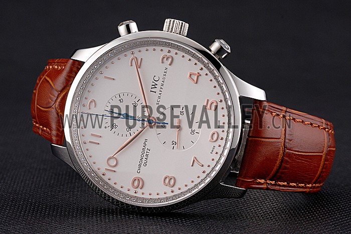 IWC Portugieser Chronograph White Dial Rose Gold Hands And Numerals Stainless Steel Case Brown Leather Strap