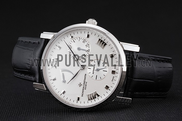 Swiss Vacheron Constantin Patrimony Quantieme Reserve De Marche White Dial Stainless Steel Case Black Leather Strap