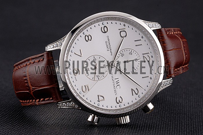 IWC Portugieser Chronograph White Dial Steel Hands And Numerals Steel Case With Diamonds Brown Leather Strap