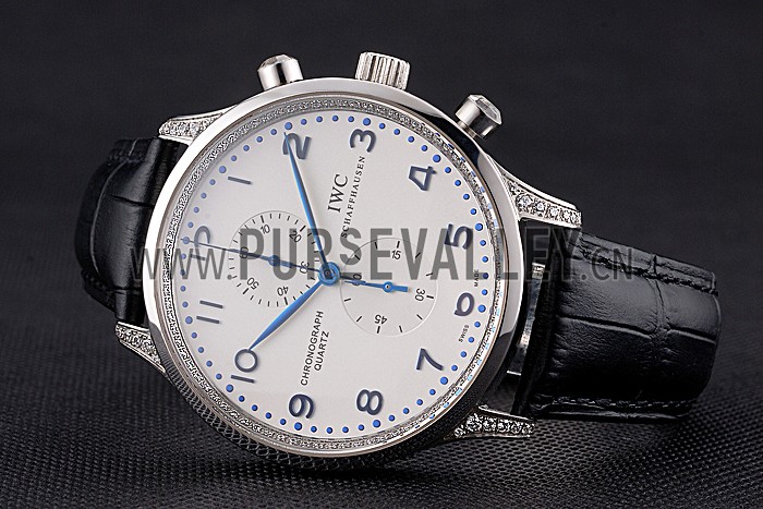 IWC Portugieser Chronograph White Dial Blue Hands And Numerals Steel Case With Diamonds Black Leather Strap