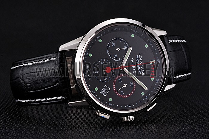 Longines Column Wheel Black Dial Silver Stainless Steel Case Black Leather Strap