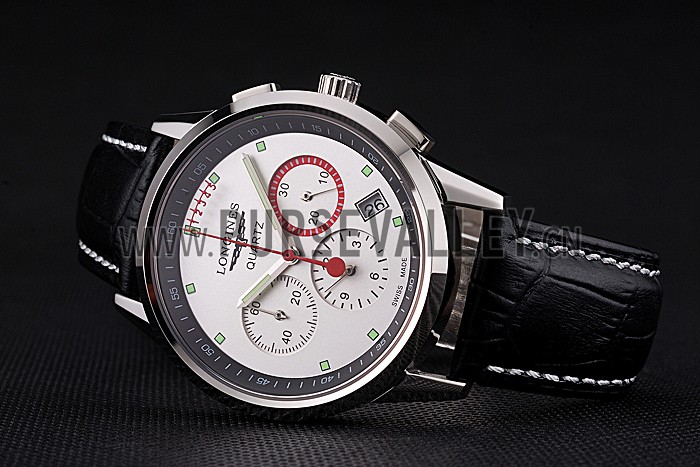 Longines Column Wheel White Dial Silver Stainless Steel Case Black Leather Strap
