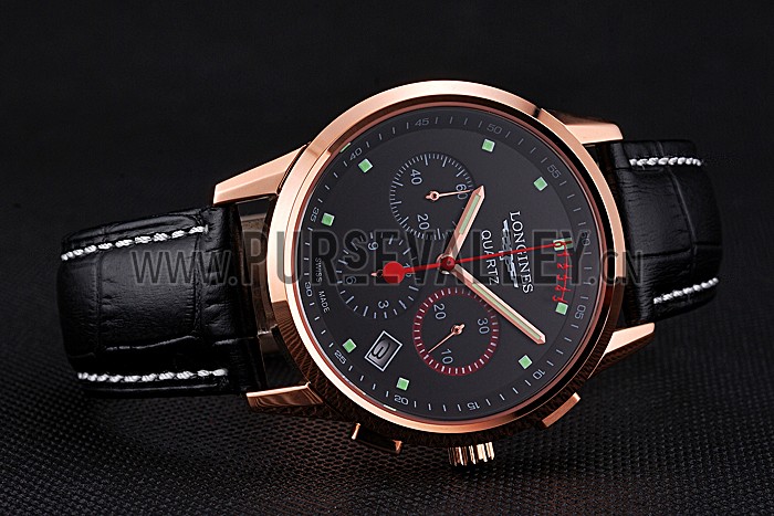 Longines Column Wheel Black Dial Gold Case Black Leather Strap