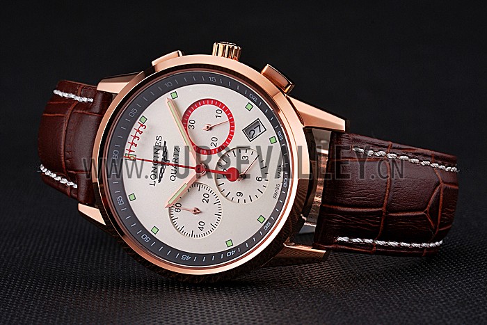 Longines Column Wheel White Dial Gold Case Brown Leather Strap