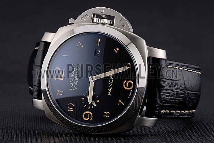 Panerai Luminor Marina 1950 Black Dial Brushed Steel Case Black Embossed Leather Strap