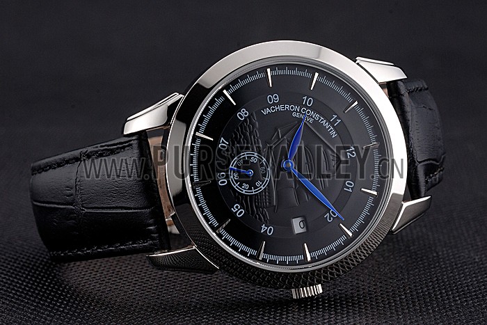 Vacheron Constantin Traditionnelle Black Ship Dial Stainless Steel Case Black Leather Strap