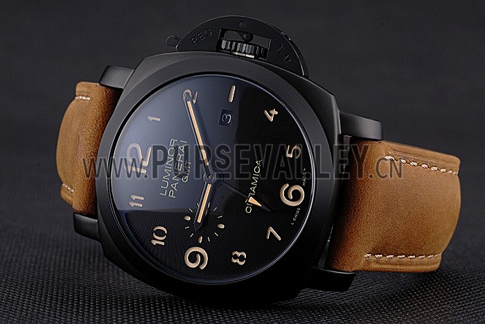 Panerai Luminor 1950 GMT Ceramica Black Dial Matte Black Case Brown Suede Leather Strap