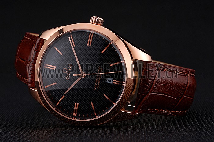 Omega Tresor Master Co-Axial Black Dial Rose Gold Case Brown Leather Strap
