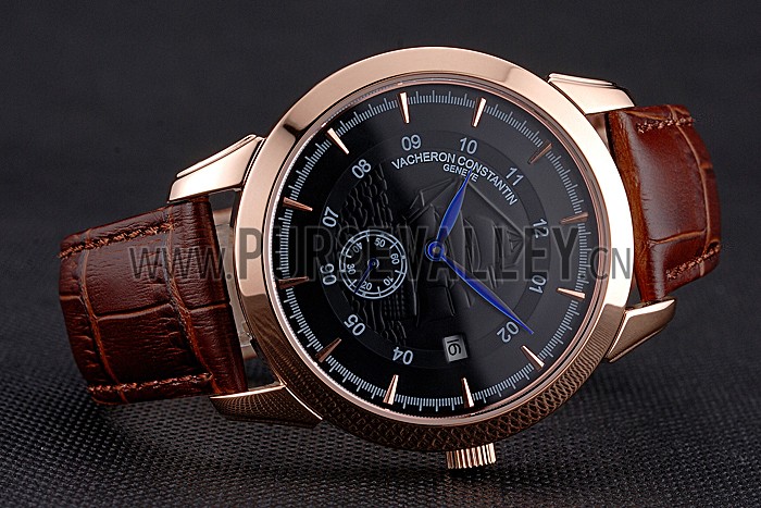 Vacheron Constantin Traditionnelle Black Ship Dial Rose Gold Case Brown Leather Strap