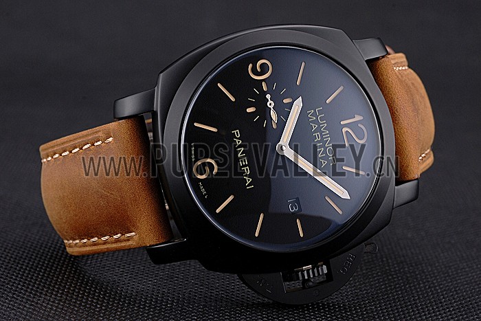 Panerai Luminor Marina Black Dial Matte Black Steel Case Brown Suede Leather Strap