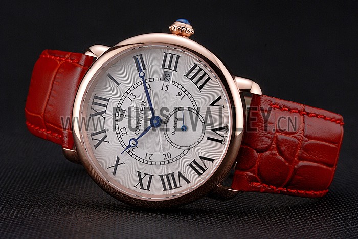 Cartier Ronde Louis Cartier White Dial Gold Case Red Leather Strap