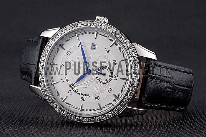Vacheron Constantin Traditionnelle White Ship Dial Stainless Steel Case With Diamonds Black Leather Strap