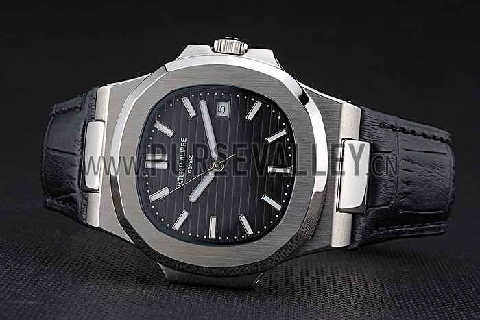 Patek Philippe Nautilus Black Dial Brushed Stainless Steel Case Black Leather Strap